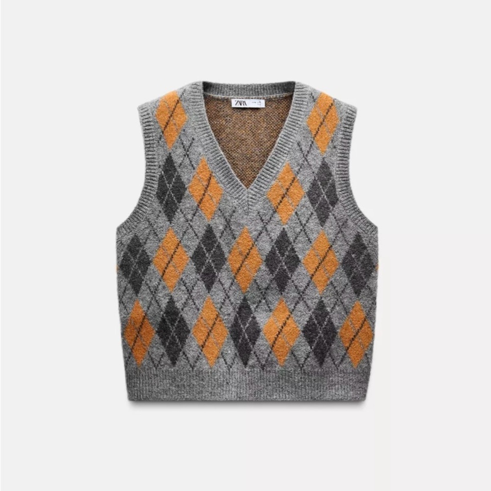 Zara Gray and Orange Argyle Vest